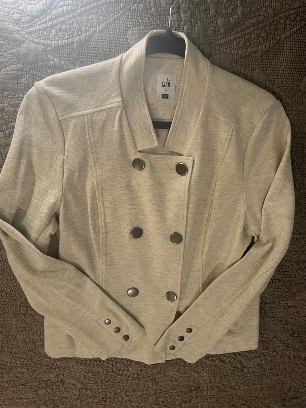 CABI “Charlie”Cream Knit Double Breasted Jacket-L-NWOT-Silver Snaps-Moto Style